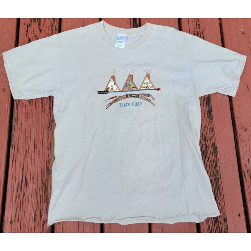 Vintage 90s Cowboy Horse T-shirt Large Black Hills WY SD Trail Ride Native Ameri